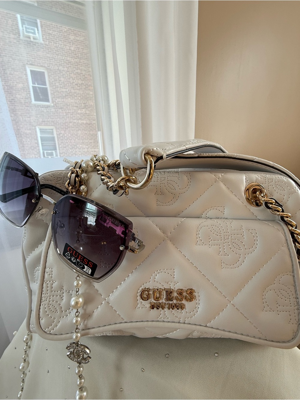 Guess Quilted White Patent Shoulder Bag with Gold Hardware